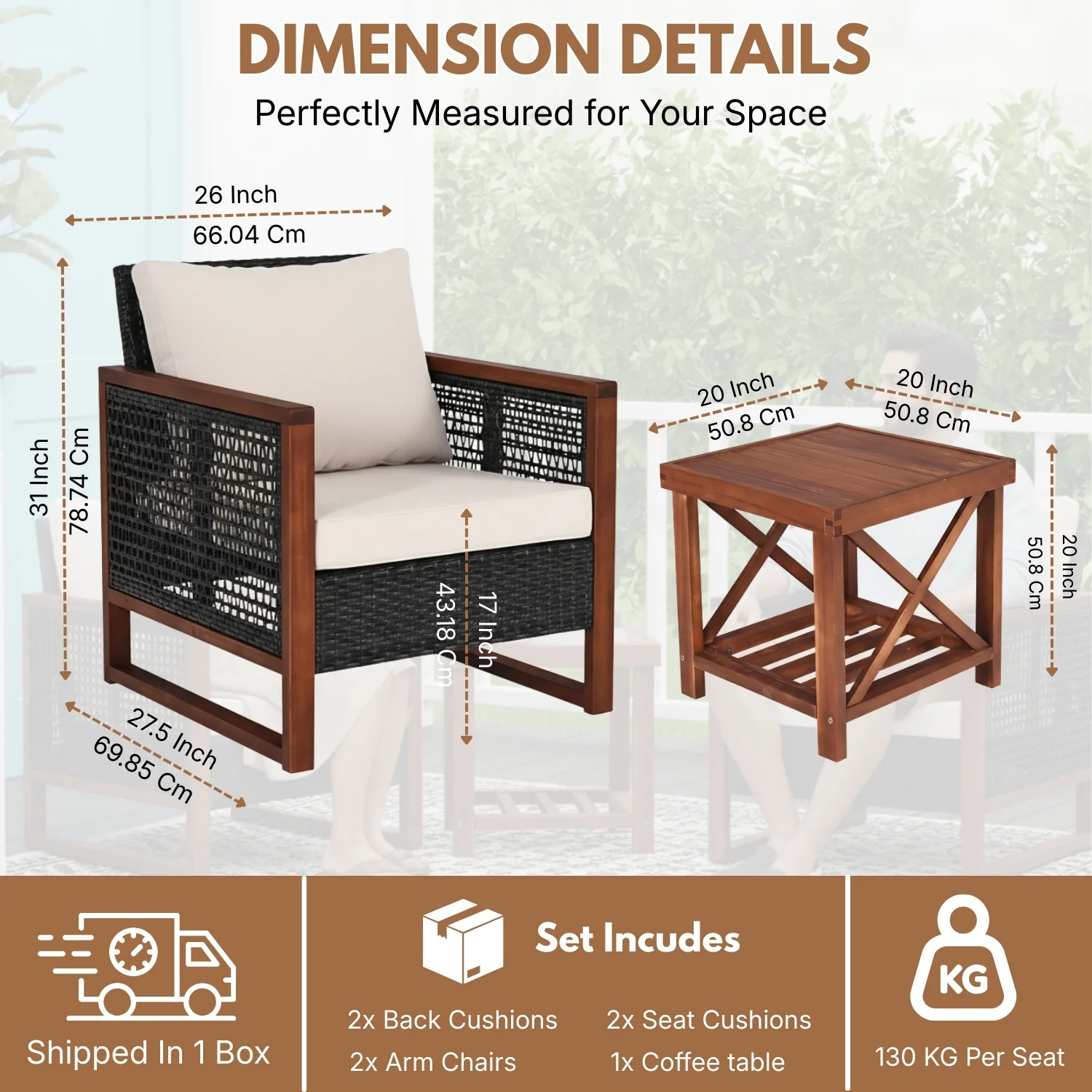 Outdoor Wicker 3-Piece Patio Furniture Set with Solid Wooden Frames (Dark Brown & White) - Image 2