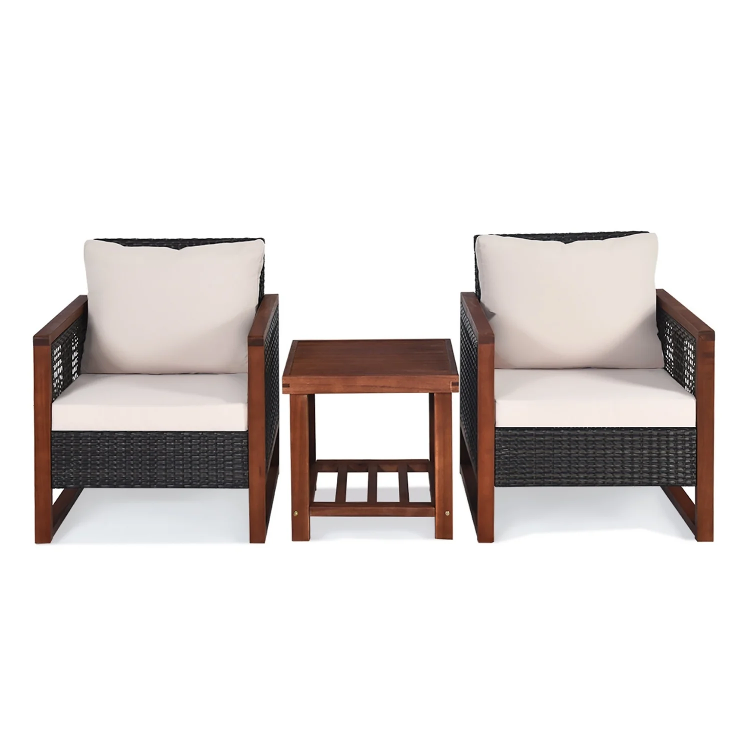 Outdoor Wicker 3-Piece Patio Furniture Set with Solid Wooden Frames (Dark Brown & White) - Image 4