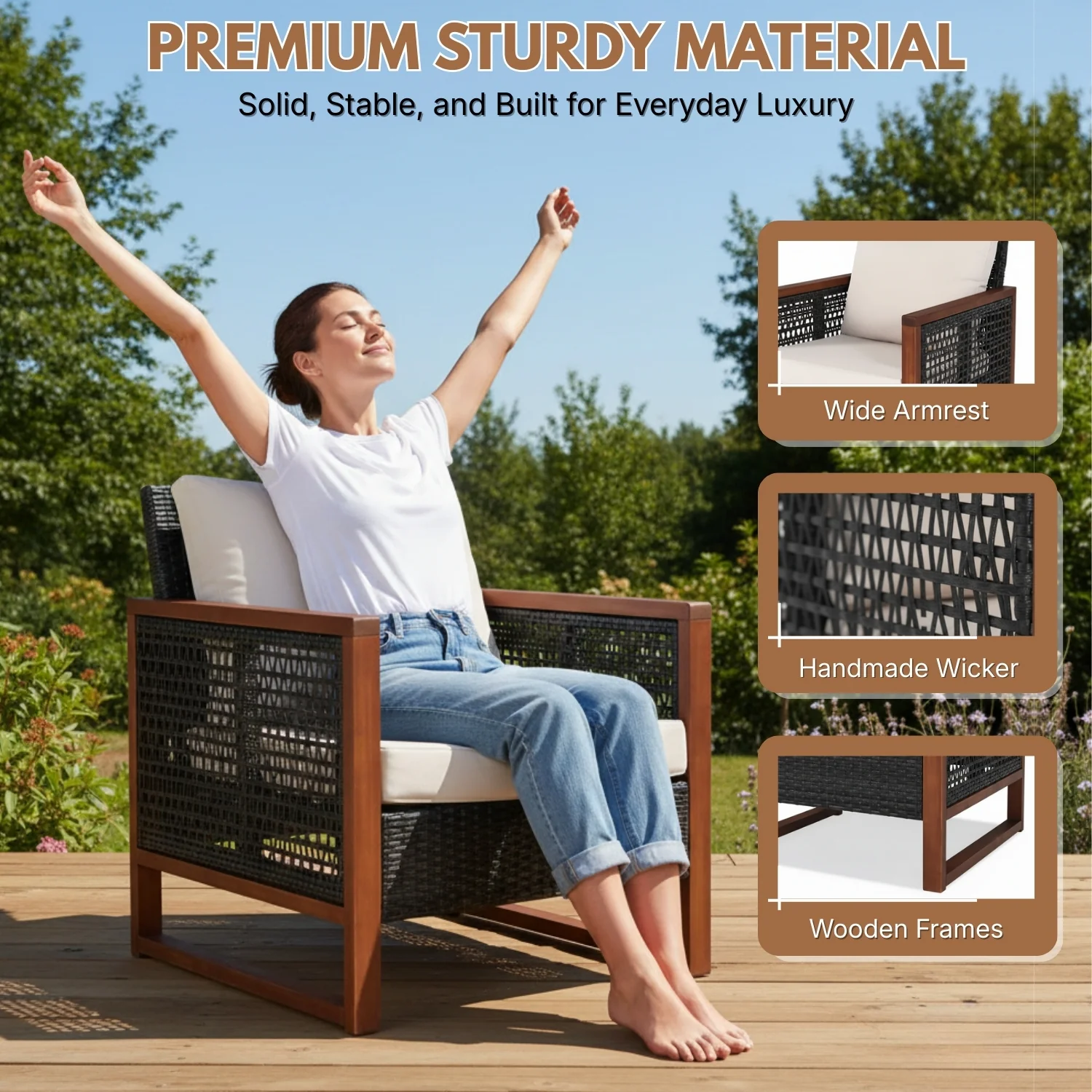 Outdoor Wicker 3-Piece Patio Furniture Set with Solid Wooden Frames (Dark Brown & White) - Image 5