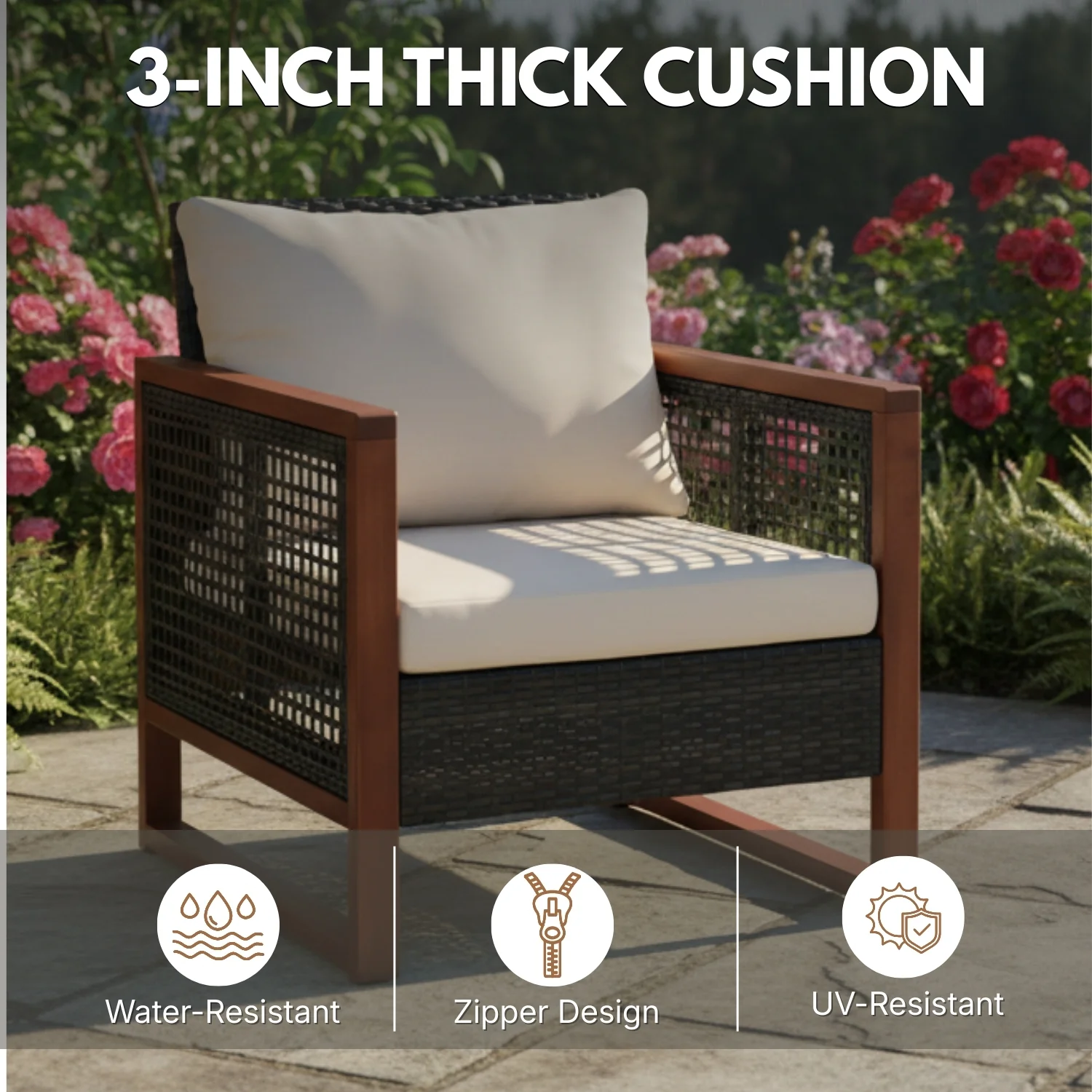 Outdoor Wicker 3-Piece Patio Furniture Set with Solid Wooden Frames (Dark Brown & White) - Image 6