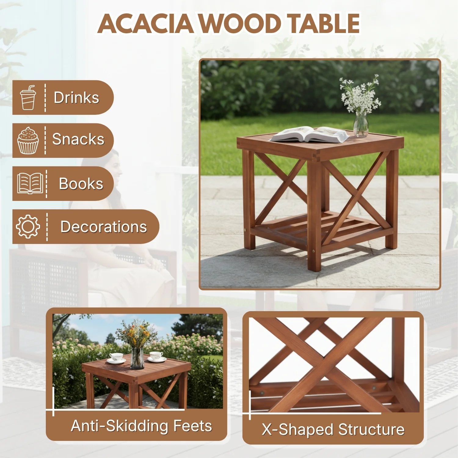 Outdoor Wicker 3-Piece Patio Furniture Set with Solid Wooden Frames (Dark Brown & White) - Image 7