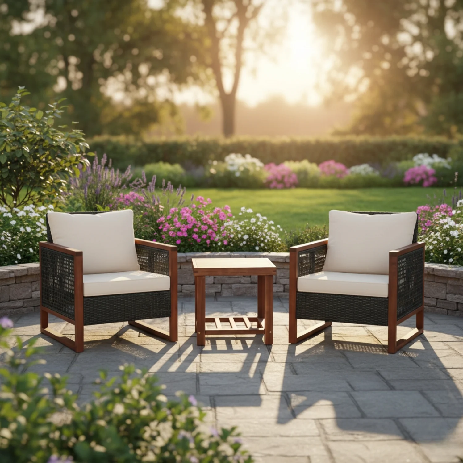 Outdoor Wicker 3-Piece Patio Furniture Set with Solid Wooden Frames (Dark Brown & White) - Image 9