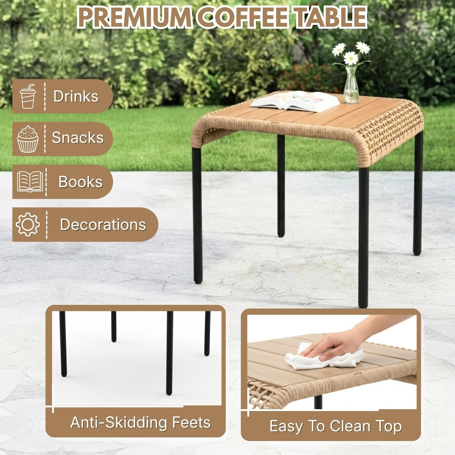 Outdoor Wicker 3-Piece Patio Furniture Set with Wooden Top Table - Image 6