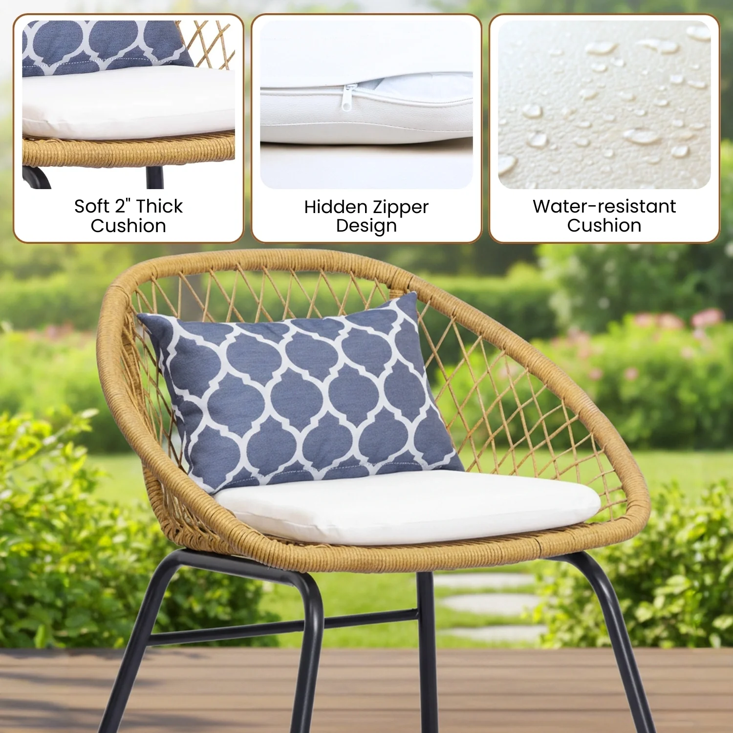 Outdoor Wicker 3-Piece Patio Set (Beige & White) - Image 4
