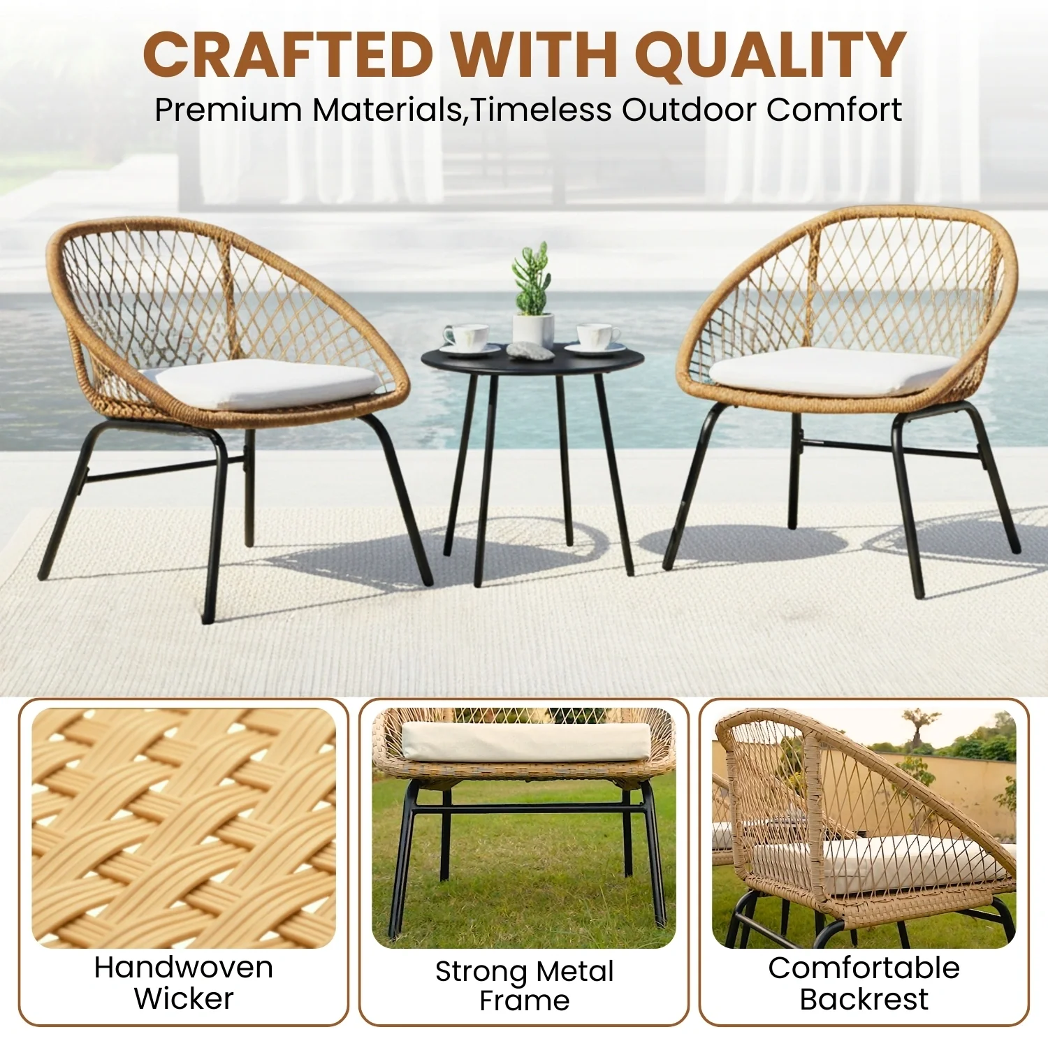 Outdoor Wicker 3-Piece Patio Set (Beige & White) - Image 5