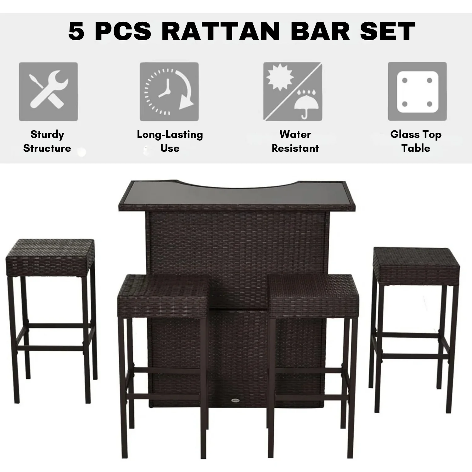 Outdoor Wicker 5-Piece Bar Set with Glass Top Table - Image 4