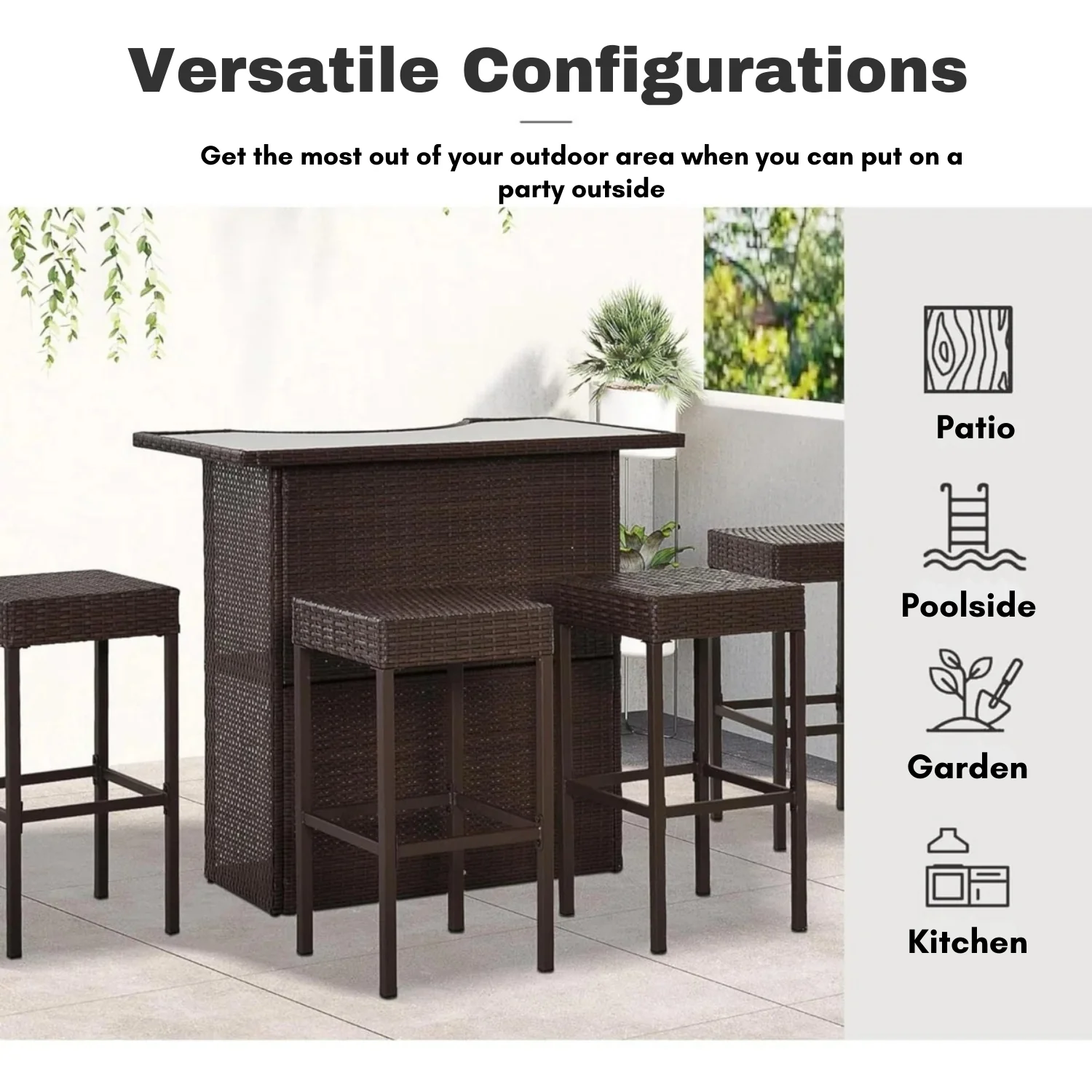 Outdoor Wicker 5-Piece Bar Set with Glass Top Table - Image 5