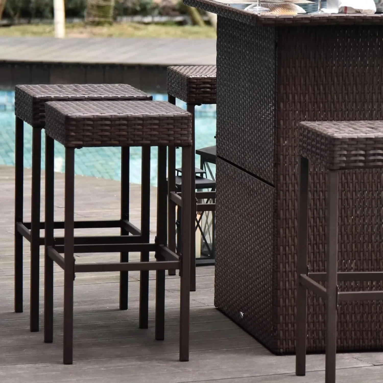 Outdoor Wicker 5-Piece Bar Set with Glass Top Table - Image 9