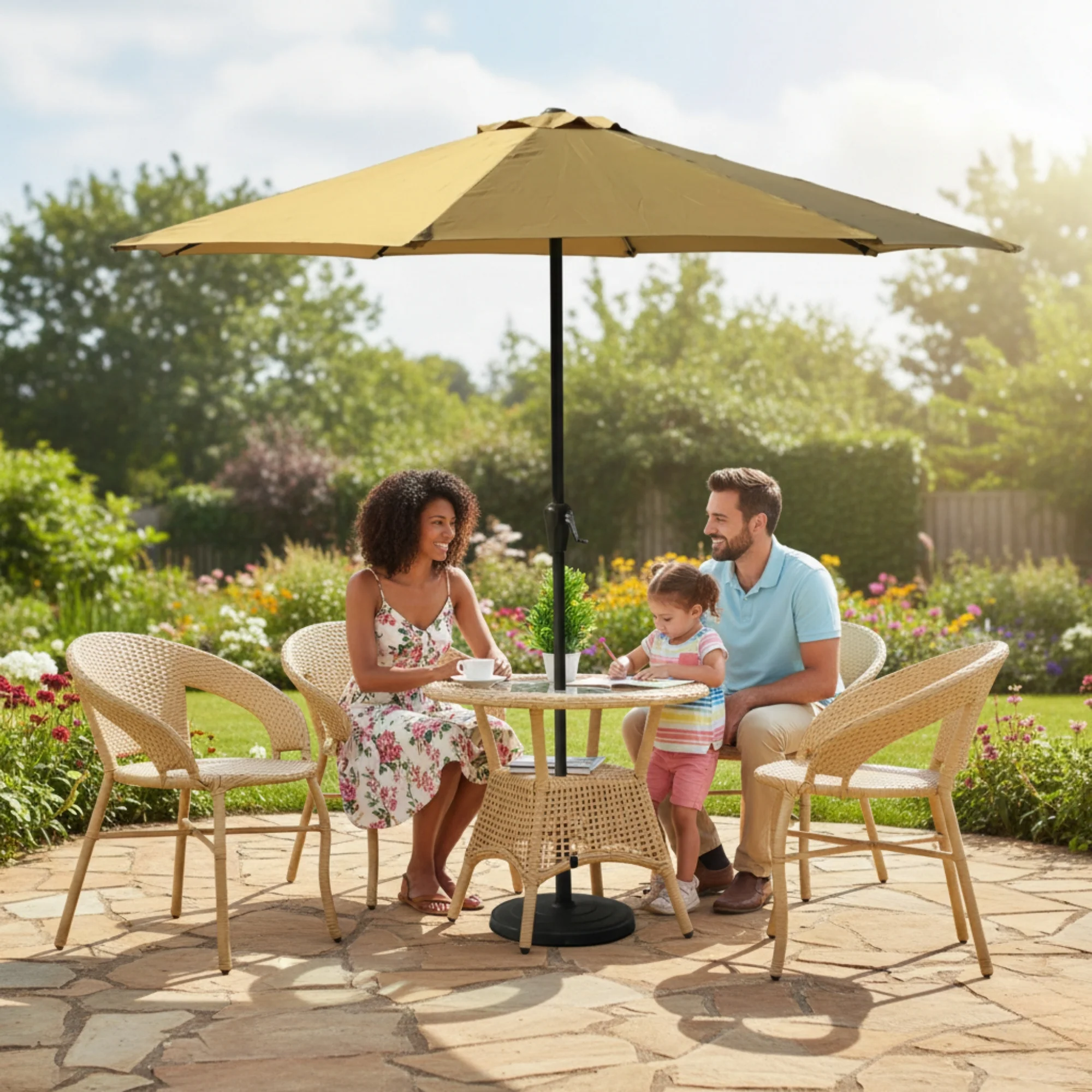 Outdoor Wicker 5-Piece Patio Set with Outdoor Umbrella - Image 10