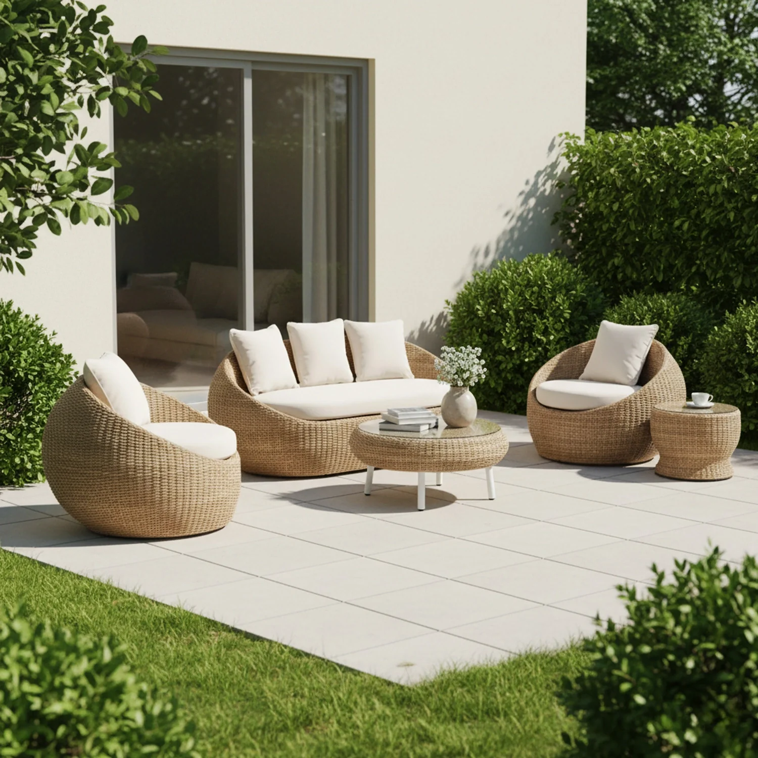 Outdoor Wicker 5-Seater Sofa Set With Glass Top Tables