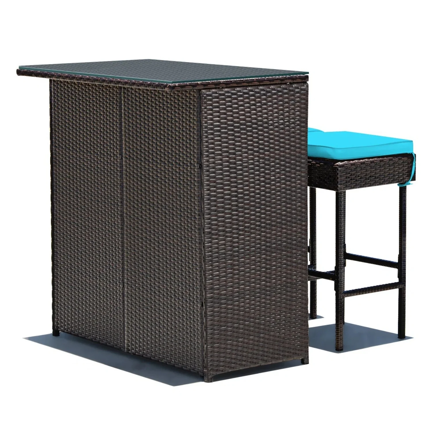 Outdoor Wicker Bar Set with Glass Top, 2 Cushioned Stools - Image 10