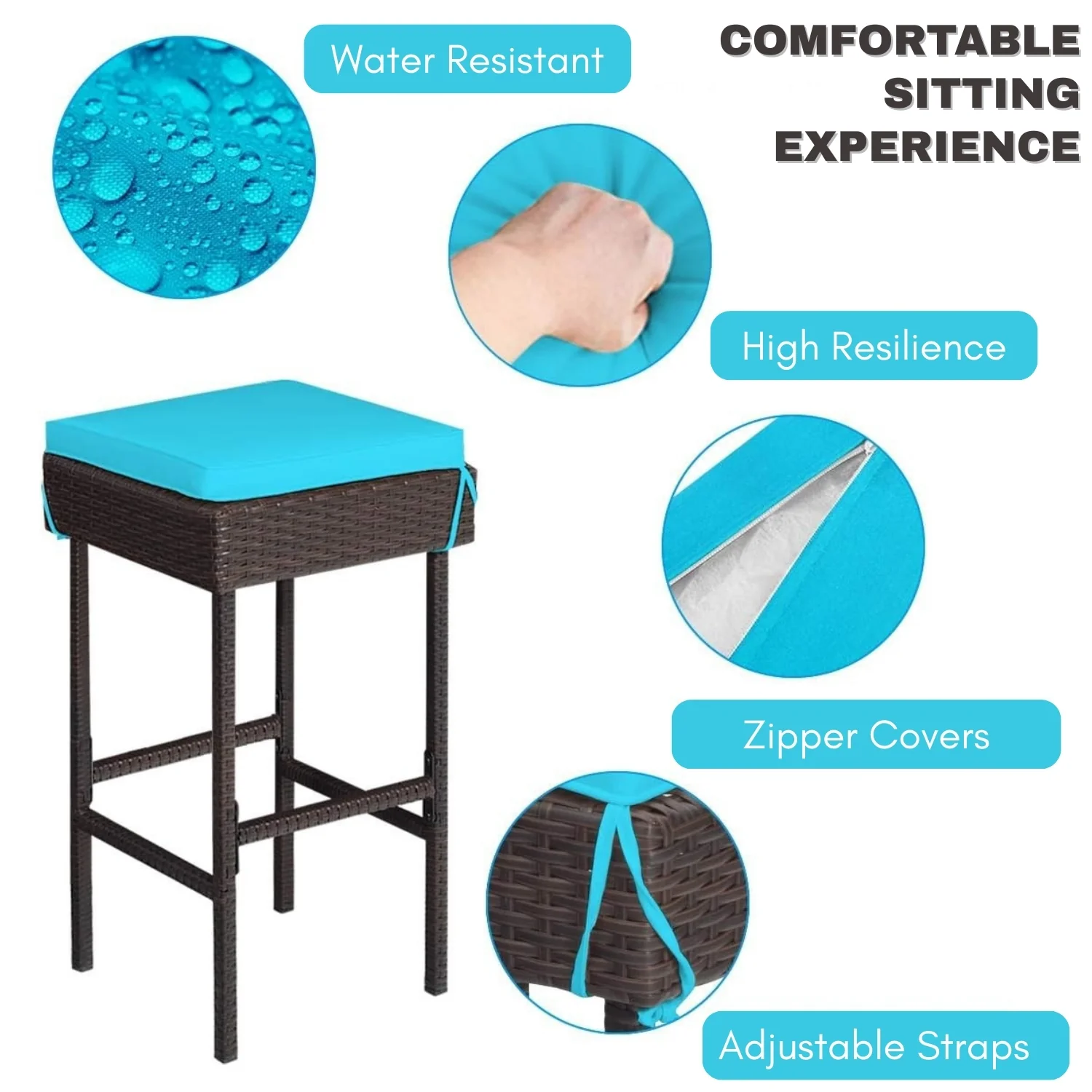 Outdoor Wicker Bar Set with Glass Top, 2 Cushioned Stools - Image 6