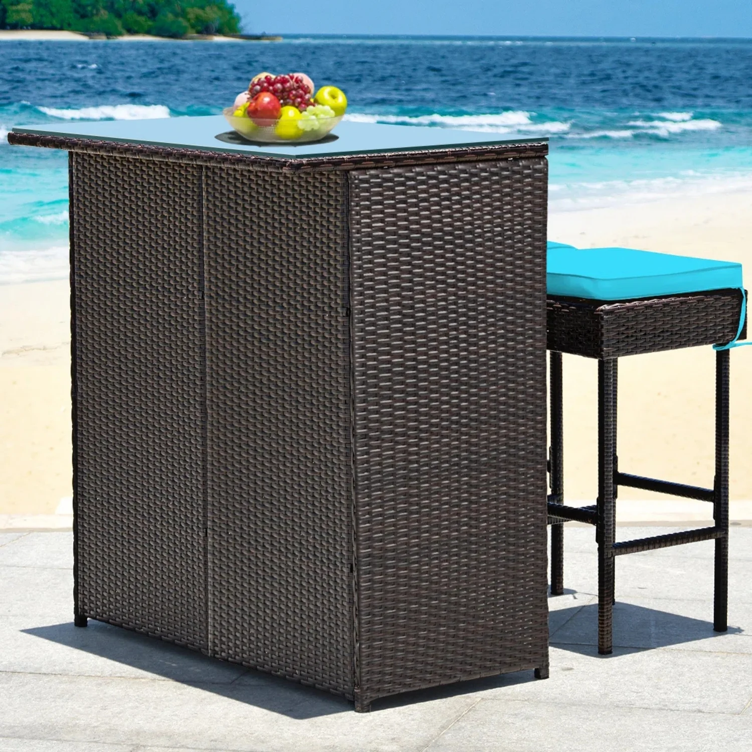 Outdoor Wicker Bar Set with Glass Top, 2 Cushioned Stools - Image 8