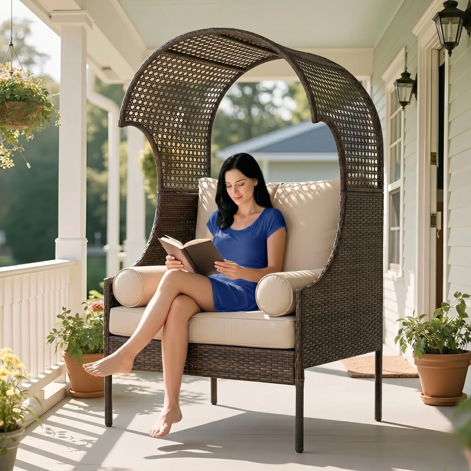Outdoor Wicker Canopy Egg Chair with Cushions (Dark Brown & Cream) - Image 8