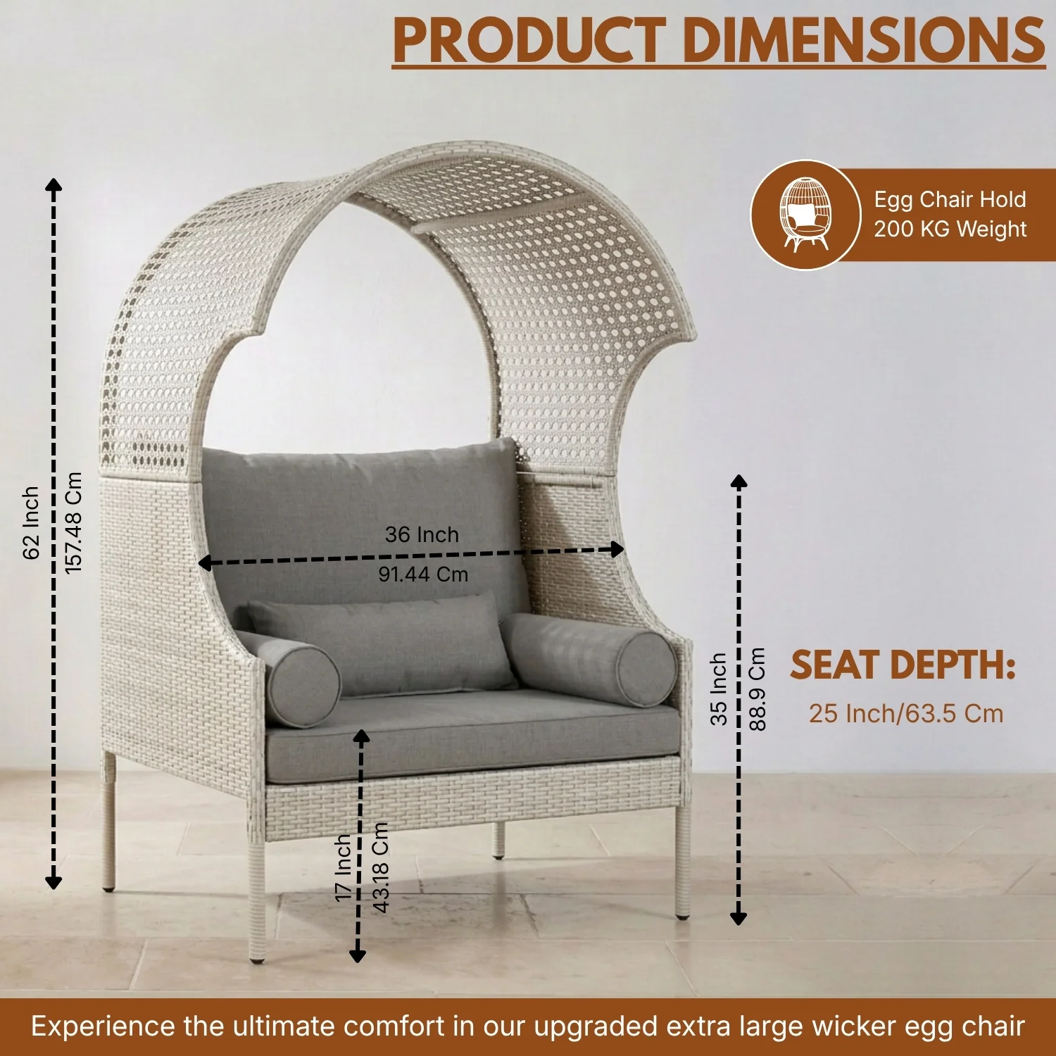 Outdoor Wicker Canopy Egg Chair with Cushions (White & Grey) - Image 2