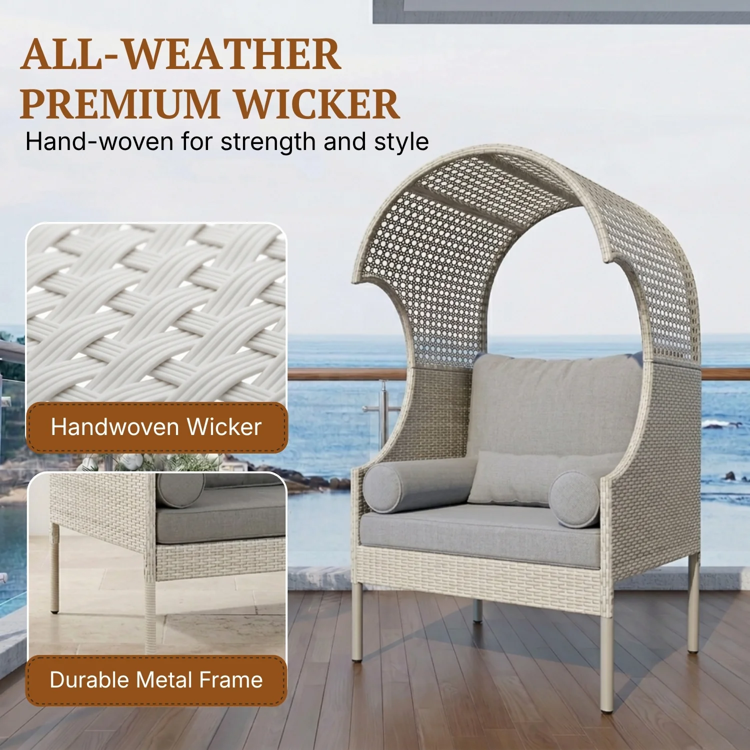 Outdoor Wicker Canopy Egg Chair with Cushions (White & Grey) - Image 3