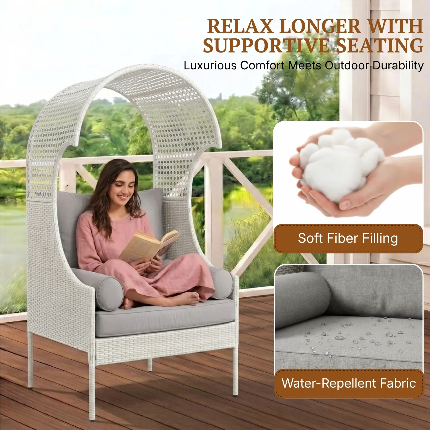Outdoor Wicker Canopy Egg Chair with Cushions (White & Grey) - Image 4