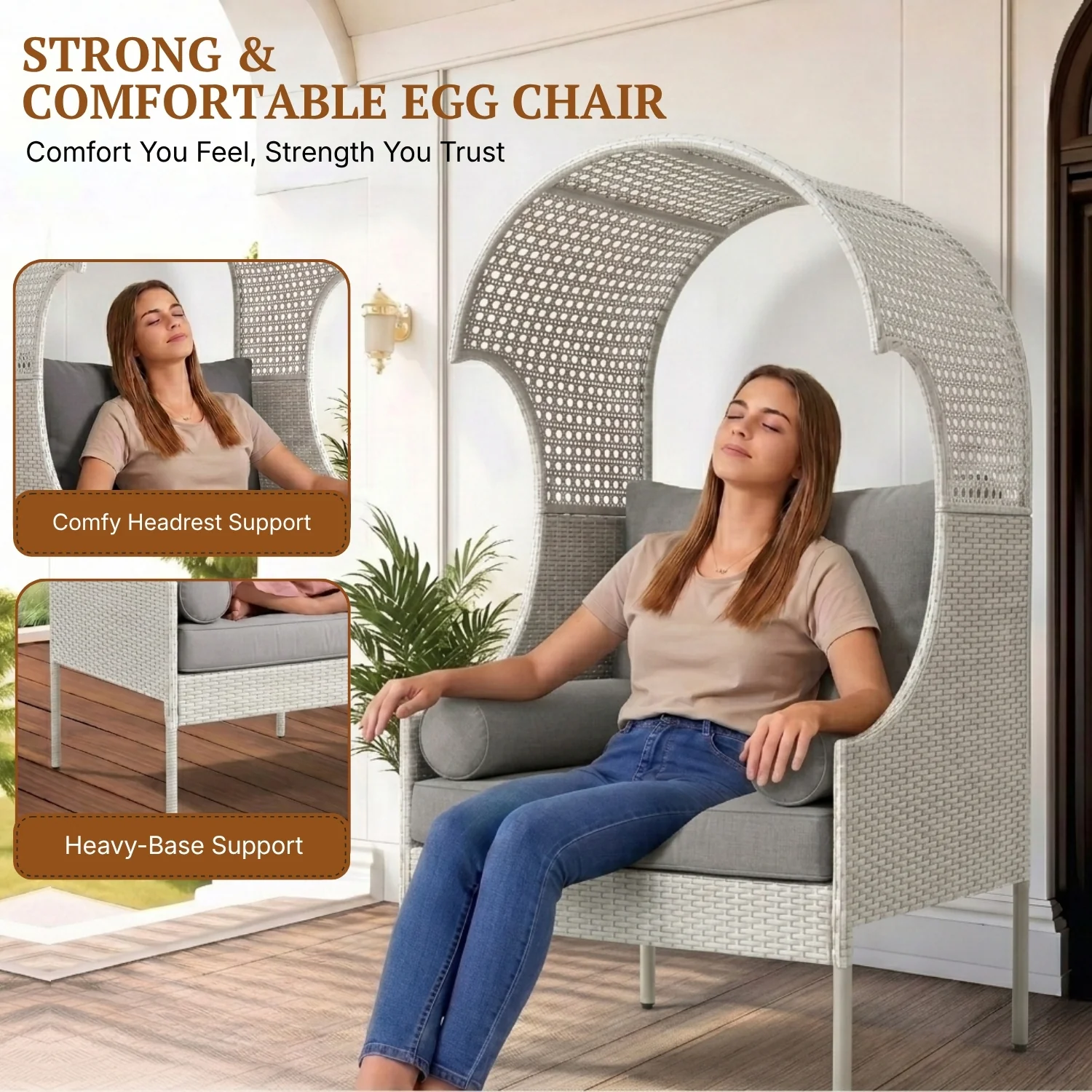 Outdoor Wicker Canopy Egg Chair with Cushions (White & Grey) - Image 5