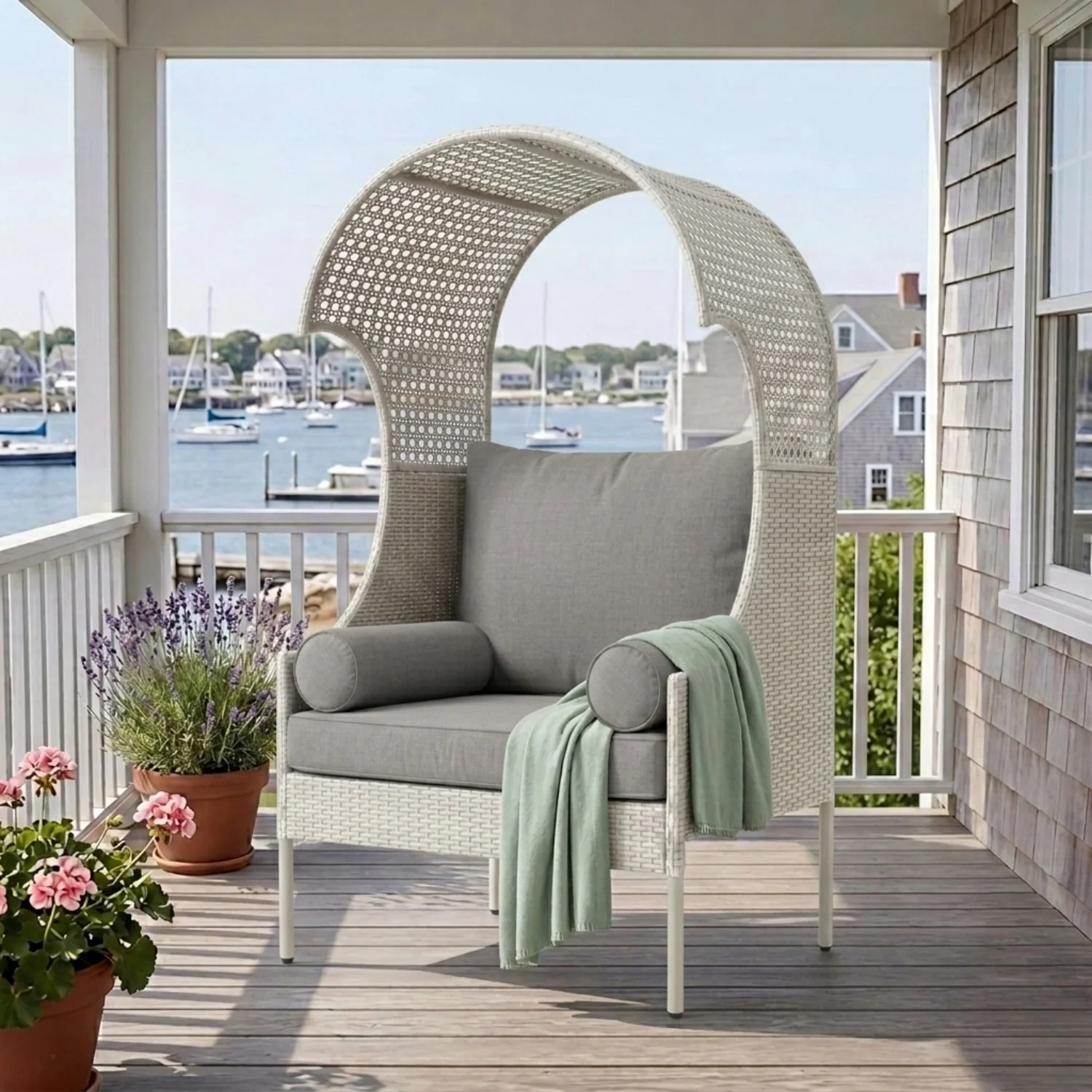 Outdoor Wicker Canopy Egg Chair with Cushions (White & Grey) - Image 7