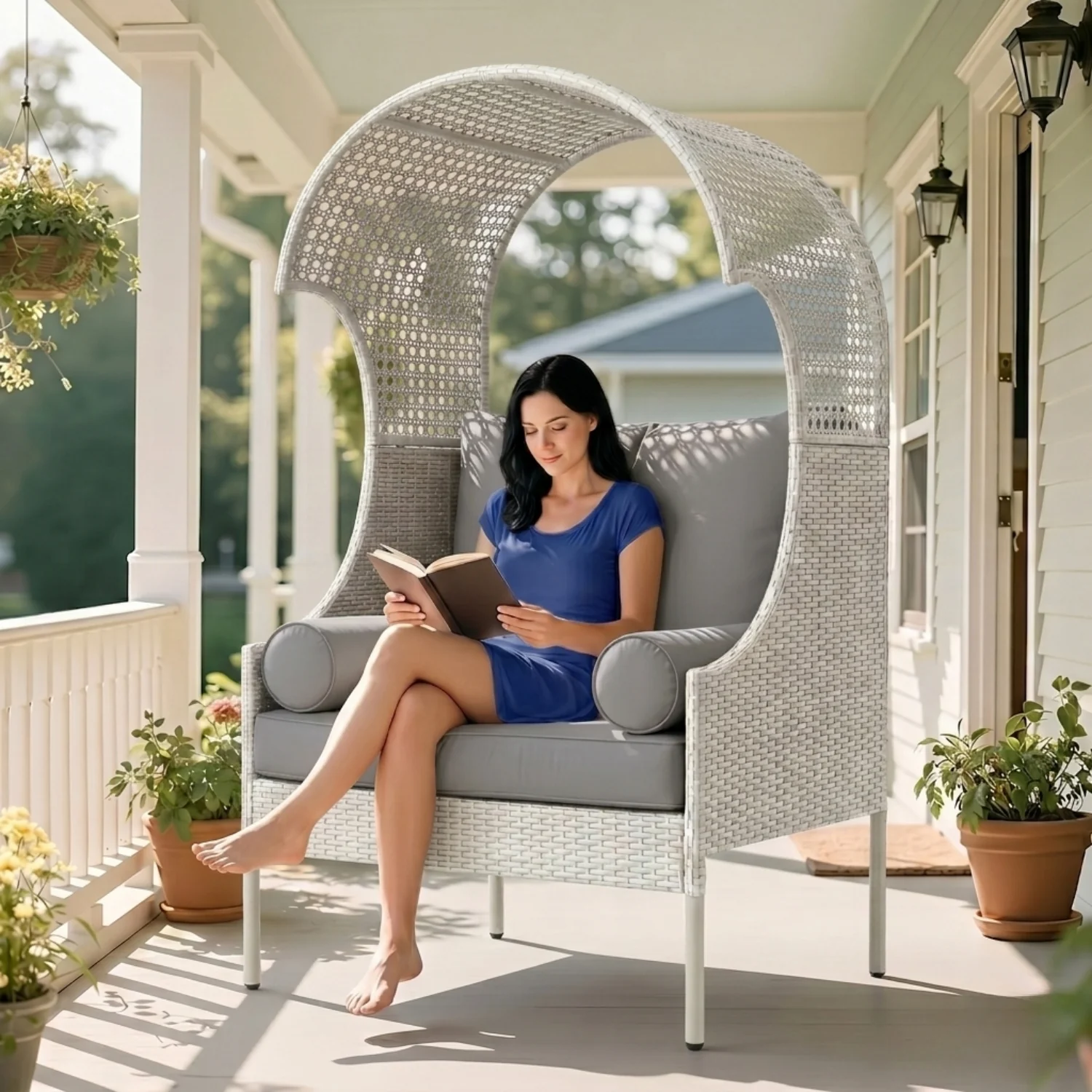 Outdoor Wicker Canopy Egg Chair with Cushions (White & Grey) - Image 8