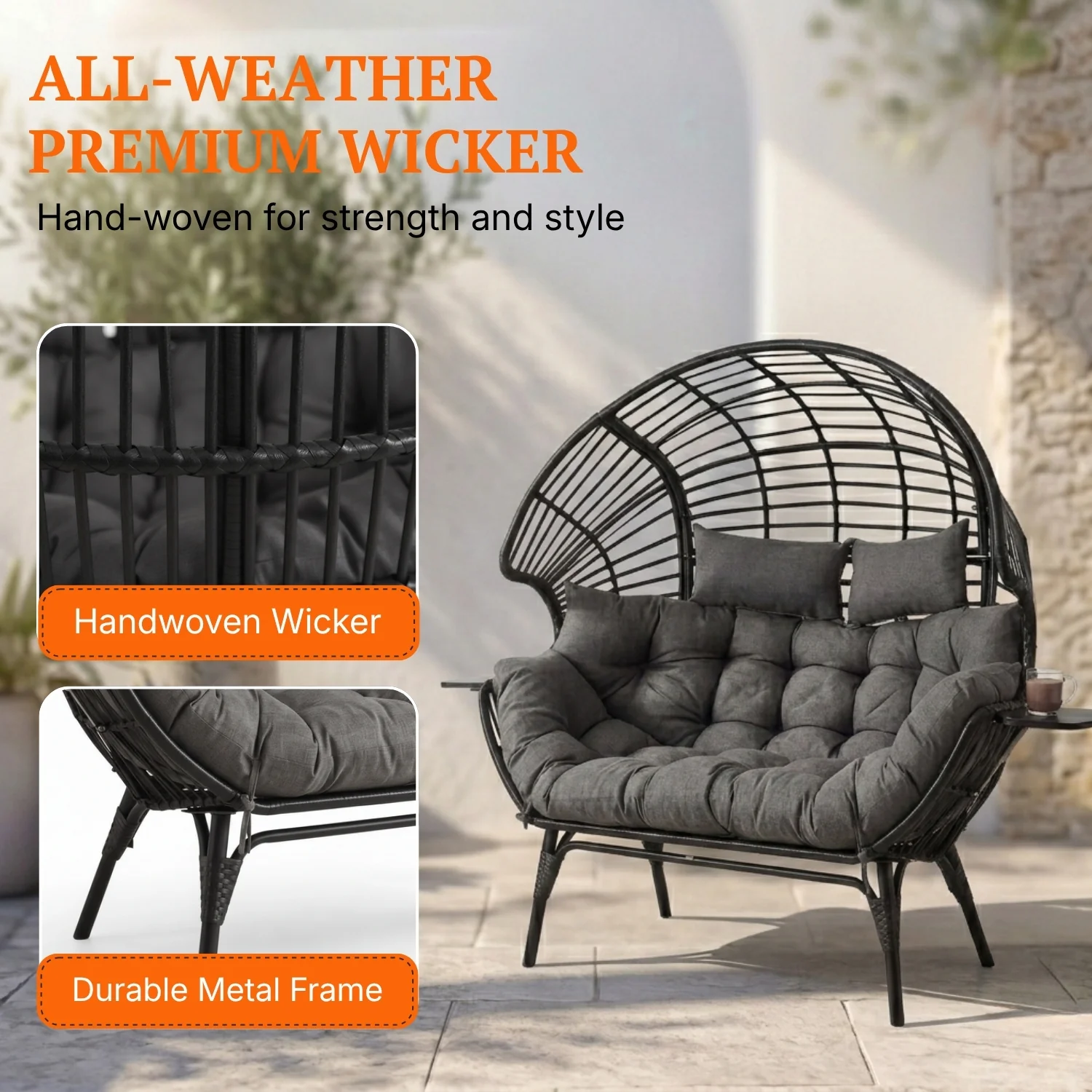 Outdoor Wicker Double Seater Egg Chair with Dual Cup Holders (Black & Dark Grey) - Image 3