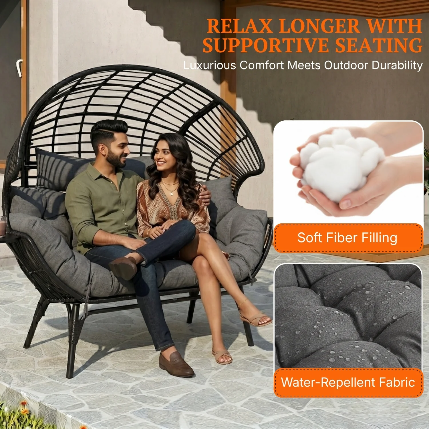 Outdoor Wicker Double Seater Egg Chair with Dual Cup Holders (Black & Dark Grey) - Image 4