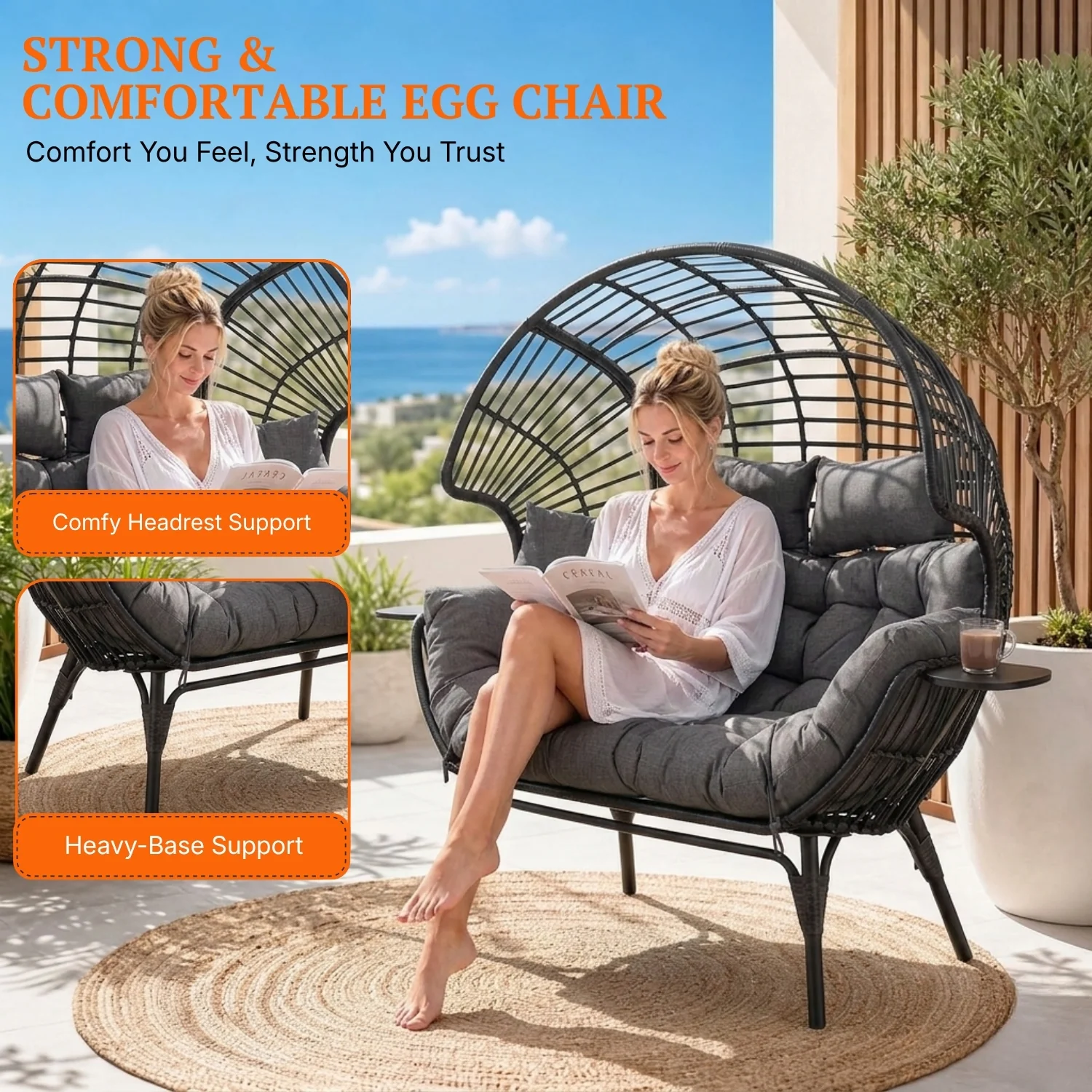 Outdoor Wicker Double Seater Egg Chair with Dual Cup Holders (Black & Dark Grey) - Image 5