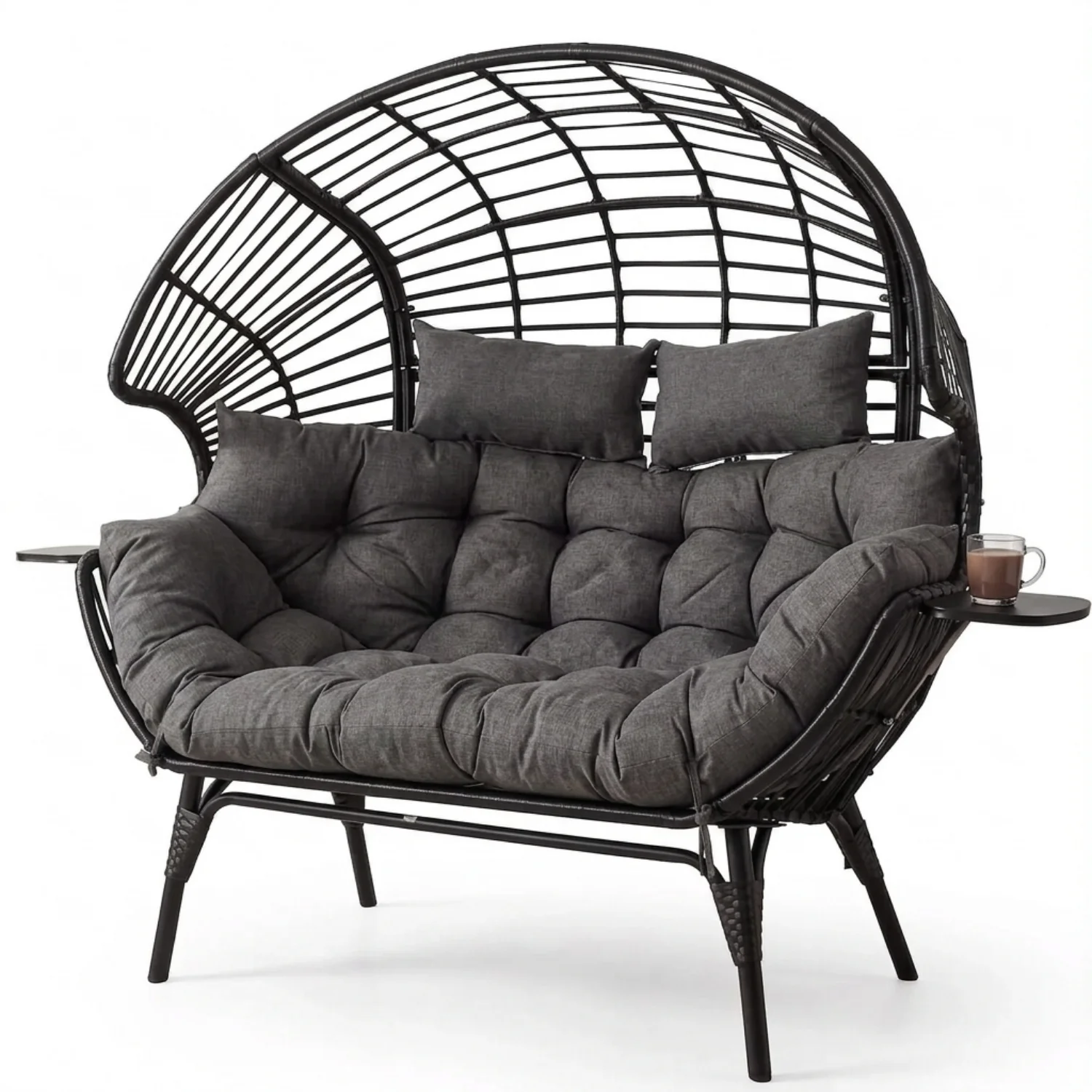 Outdoor Wicker Double Seater Egg Chair with Dual Cup Holders (Black & Dark Grey) - Image 6
