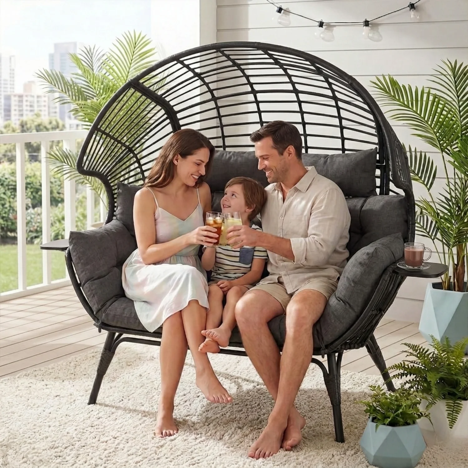 Outdoor Wicker Double Seater Egg Chair with Dual Cup Holders (Black & Dark Grey) - Image 7
