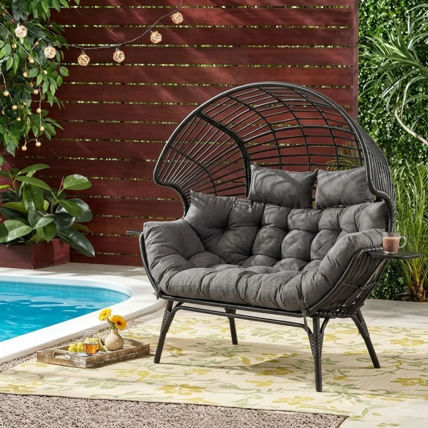 Outdoor Wicker Double Seater Egg Chair with Dual Cup Holders (Black & Dark Grey) - Image 8