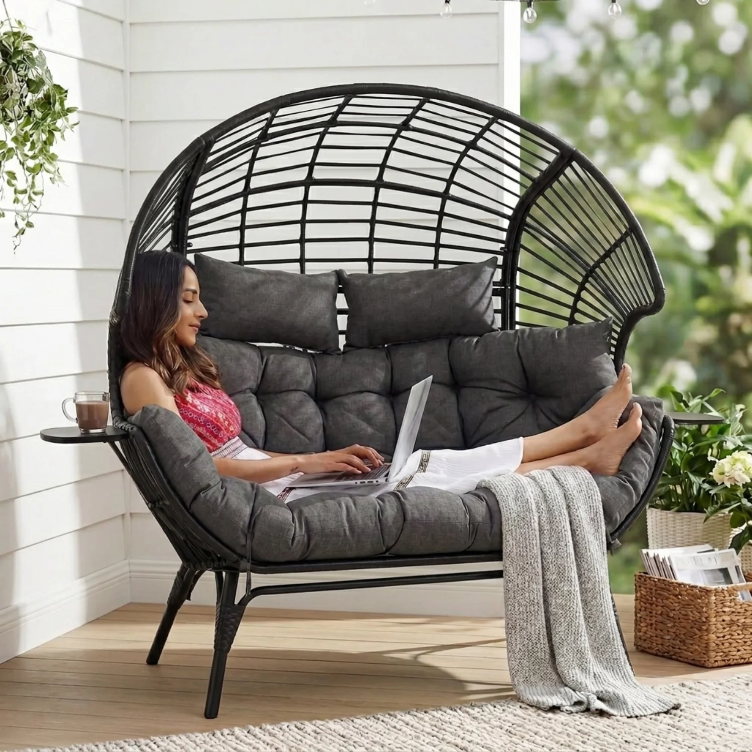 Outdoor Wicker Double Seater Egg Chair with Dual Cup Holders (Black & Dark Grey) - Image 9