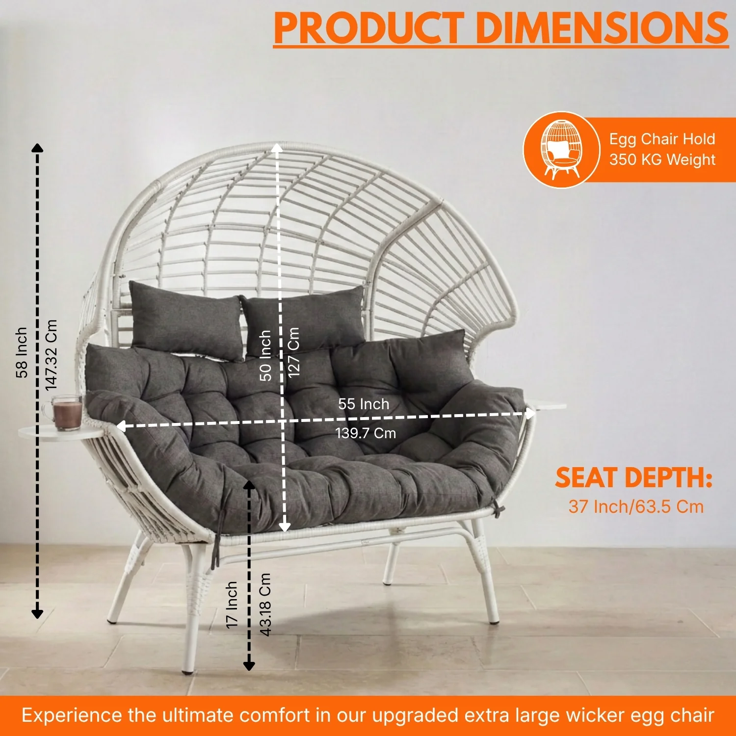 Outdoor Wicker Double Seater Egg Chair with Dual Cup Holders (White & Dark Grey) - Image 2