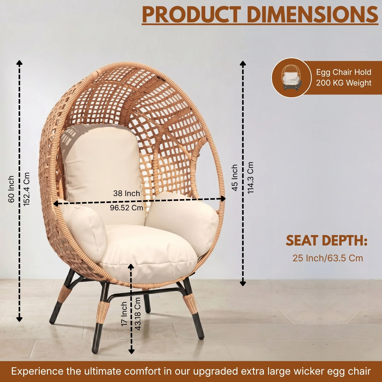 Outdoor Wicker Egg Chair with Cushions (Beige) - Image 2