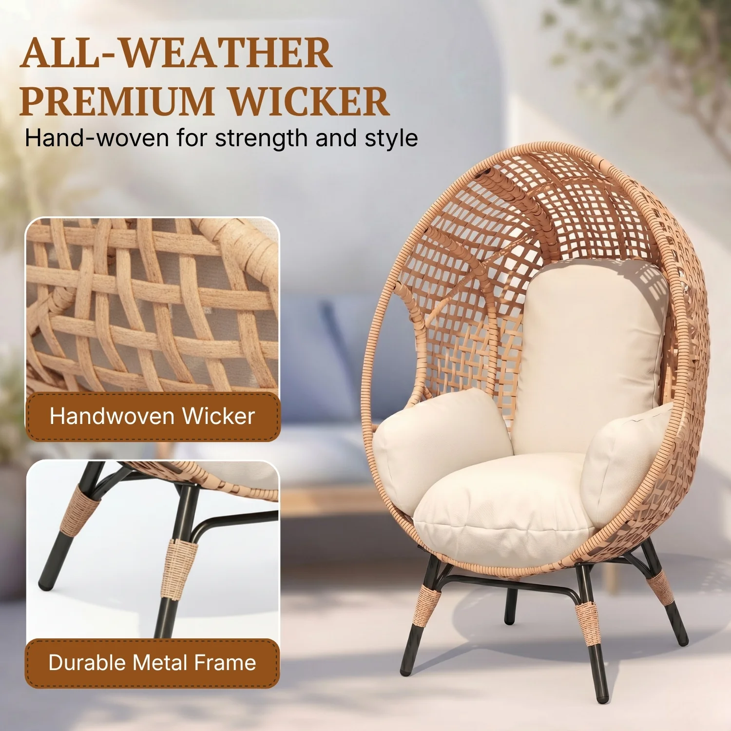 Outdoor Wicker Egg Chair with Cushions (Beige) - Image 3