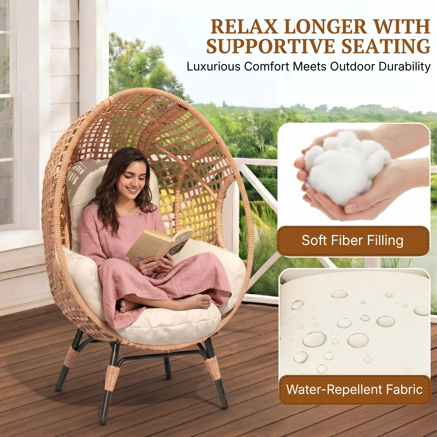 Outdoor Wicker Egg Chair with Cushions (Beige) - Image 4