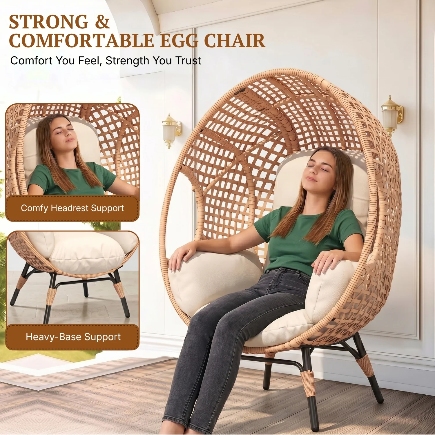 Outdoor Wicker Egg Chair with Cushions (Beige) - Image 5