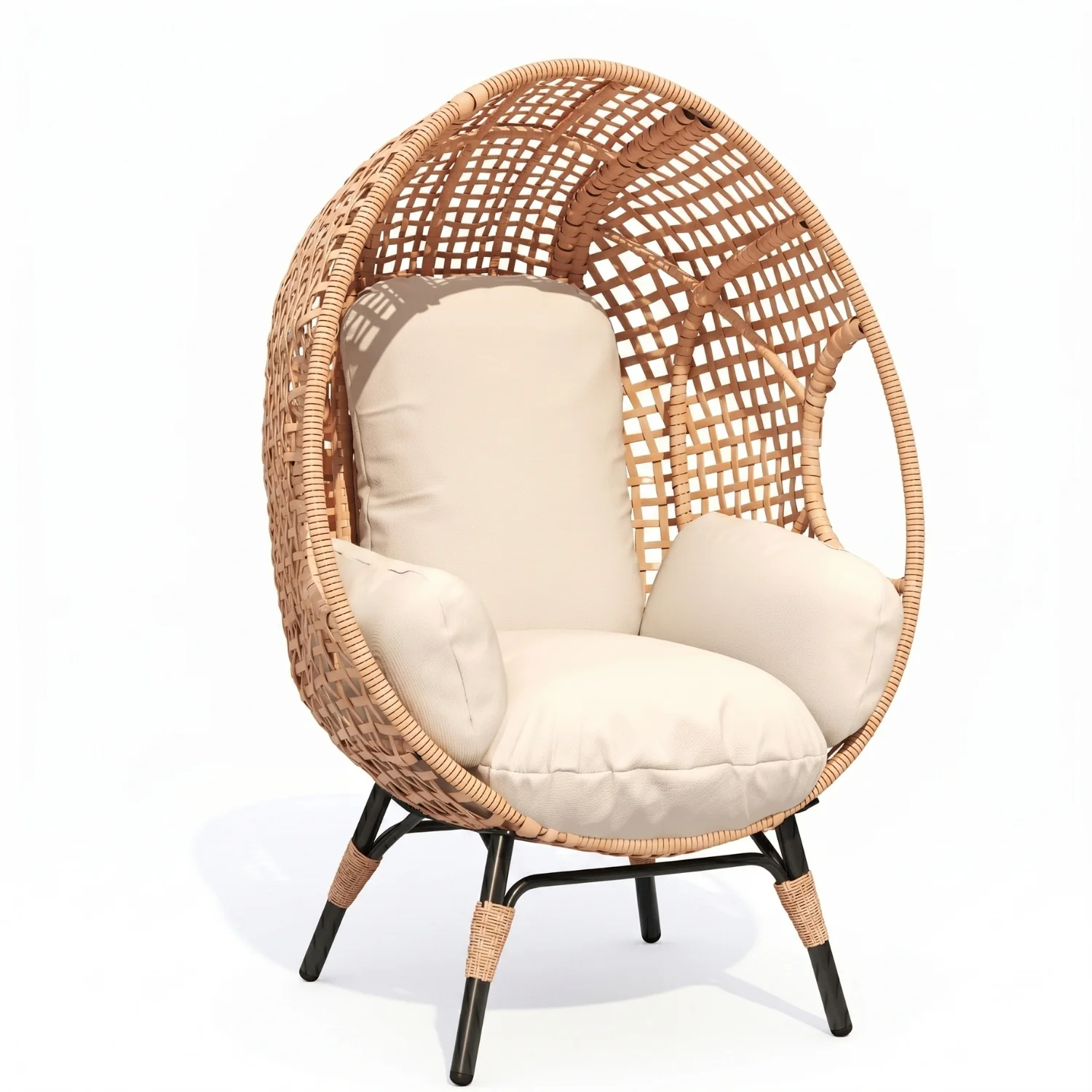 Outdoor Wicker Egg Chair with Cushions (Beige) - Image 6