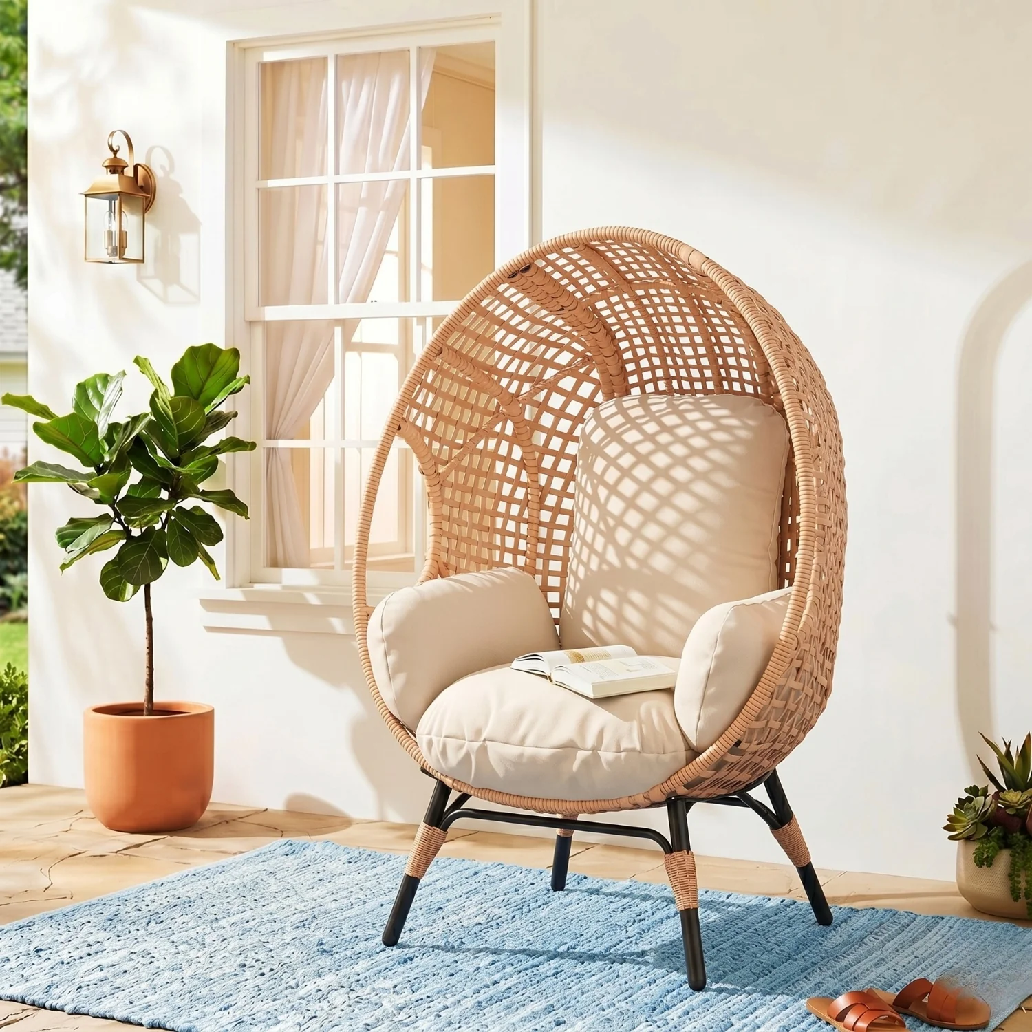 Outdoor Wicker Egg Chair with Cushions (Beige) - Image 8