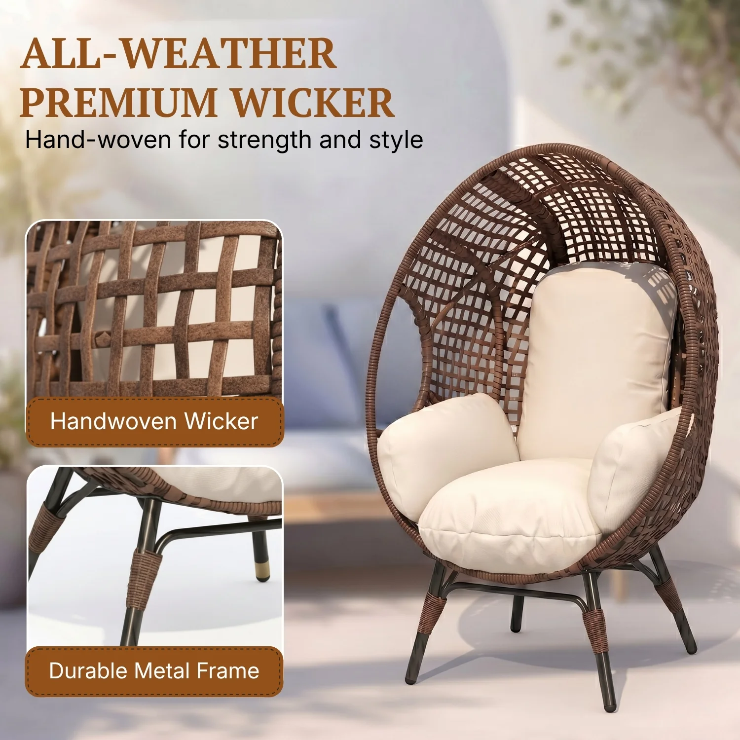 Outdoor Wicker Egg Chair with Cushions (Dark Brown) - Image 3