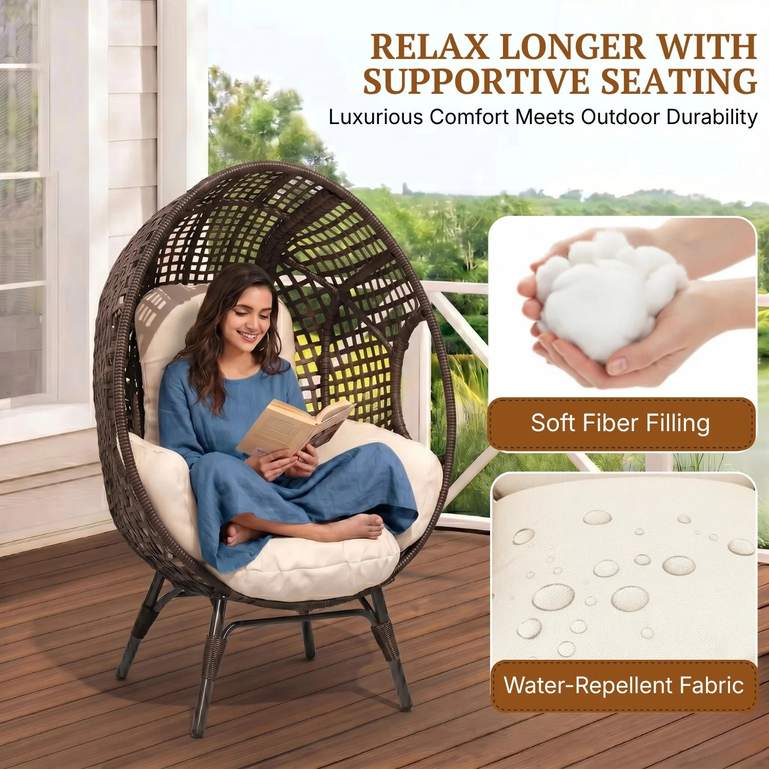 Outdoor Wicker Egg Chair with Cushions (Dark Brown) - Image 4