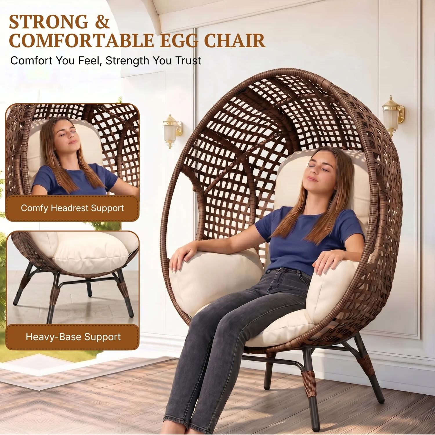 Outdoor Wicker Egg Chair with Cushions (Dark Brown) - Image 5