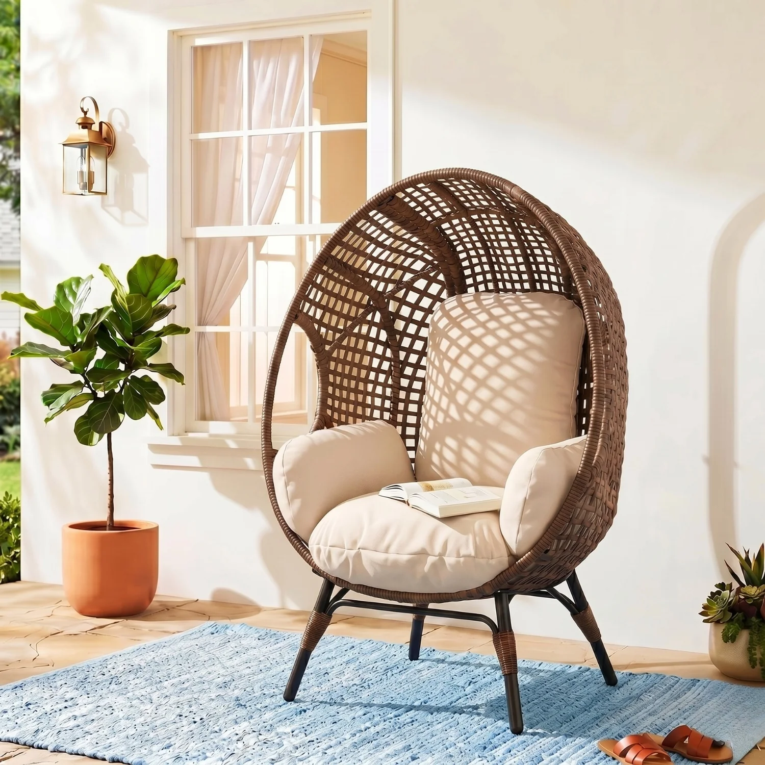 Outdoor Wicker Egg Chair with Cushions (Dark Brown) - Image 8