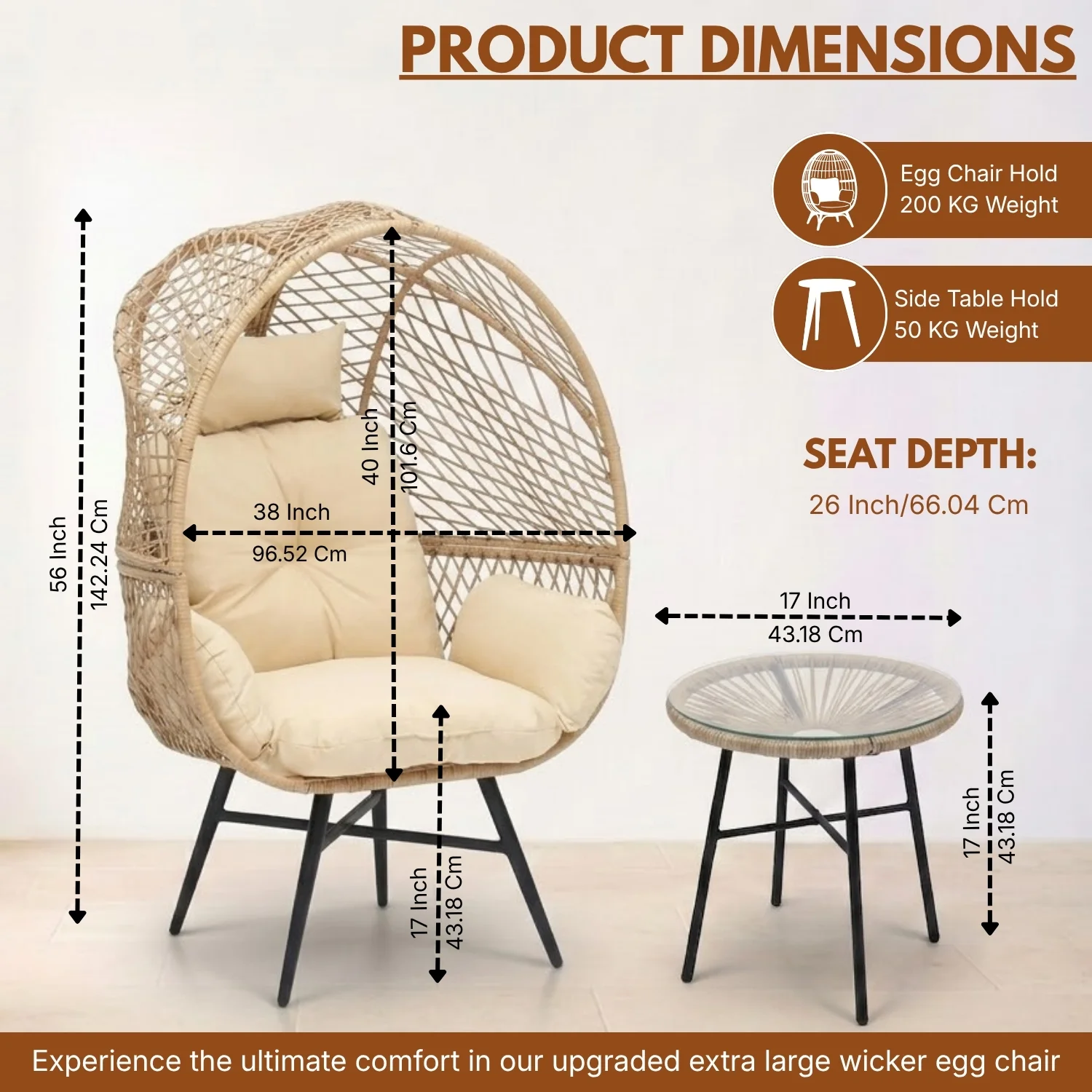Outdoor Wicker Egg Chair with Glass Top Side Table (Beige & Cream) - Image 2