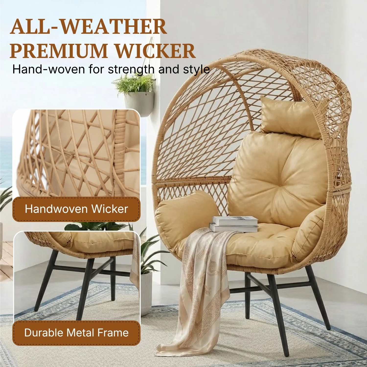 Outdoor Wicker Egg Chair with Glass Top Side Table (Beige & Cream) - Image 3
