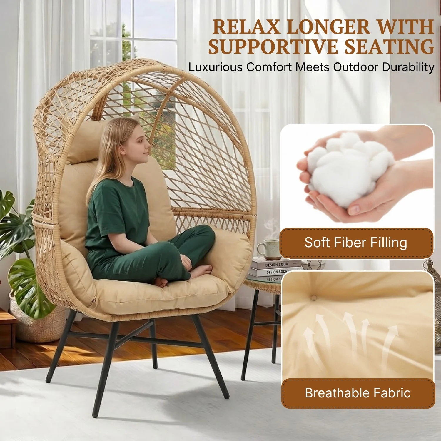 Outdoor Wicker Egg Chair with Glass Top Side Table (Beige & Cream) - Image 4
