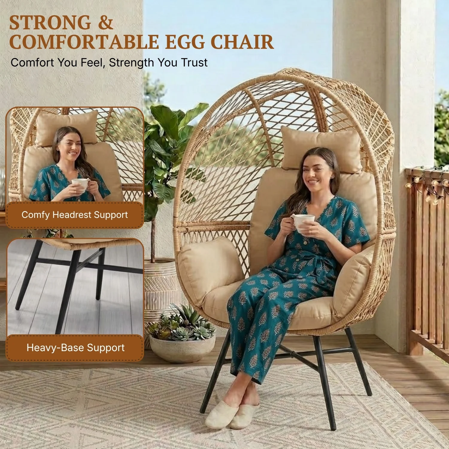 Outdoor Wicker Egg Chair with Glass Top Side Table (Beige & Cream) - Image 5
