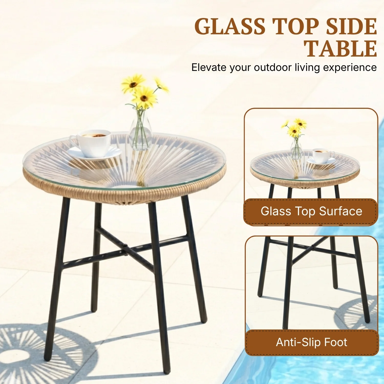 Outdoor Wicker Egg Chair with Glass Top Side Table (Beige & Cream) - Image 6
