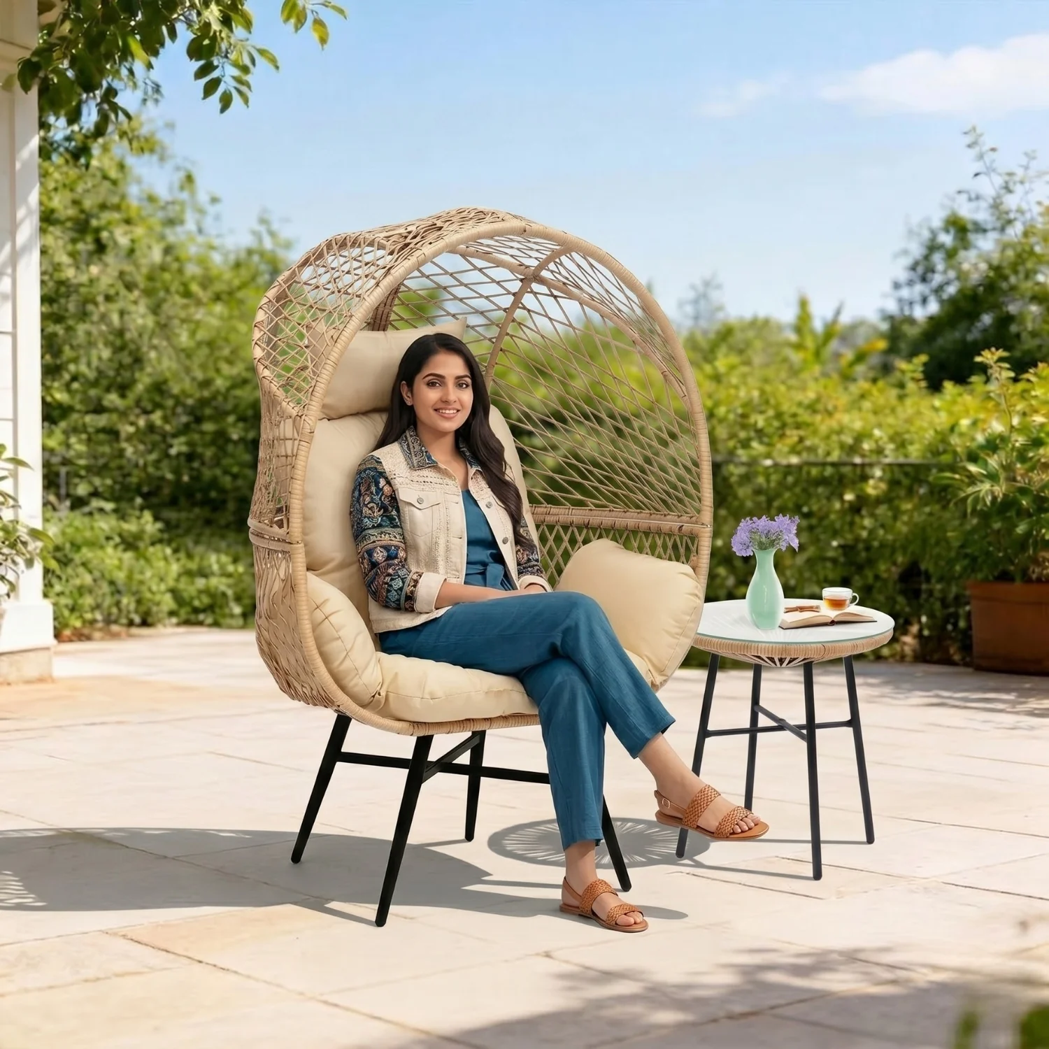 Outdoor Wicker Egg Chair with Glass Top Side Table (Beige & Cream) - Image 7