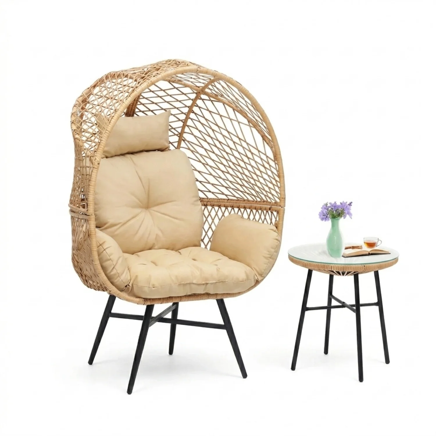Outdoor Wicker Egg Chair with Glass Top Side Table (Beige & Cream) - Image 8