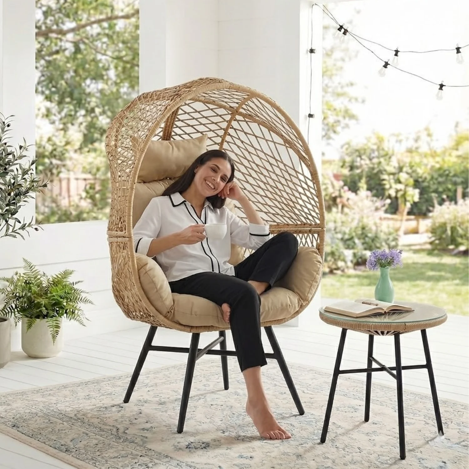 Outdoor Wicker Egg Chair with Glass Top Side Table (Beige & Cream) - Image 9